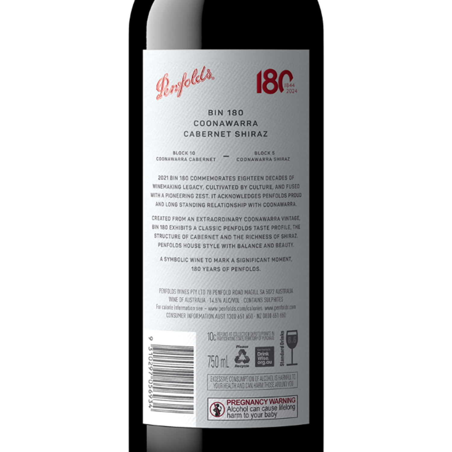 Penfolds Bin 180 Coonawarra Cabernet Shiraz 2021