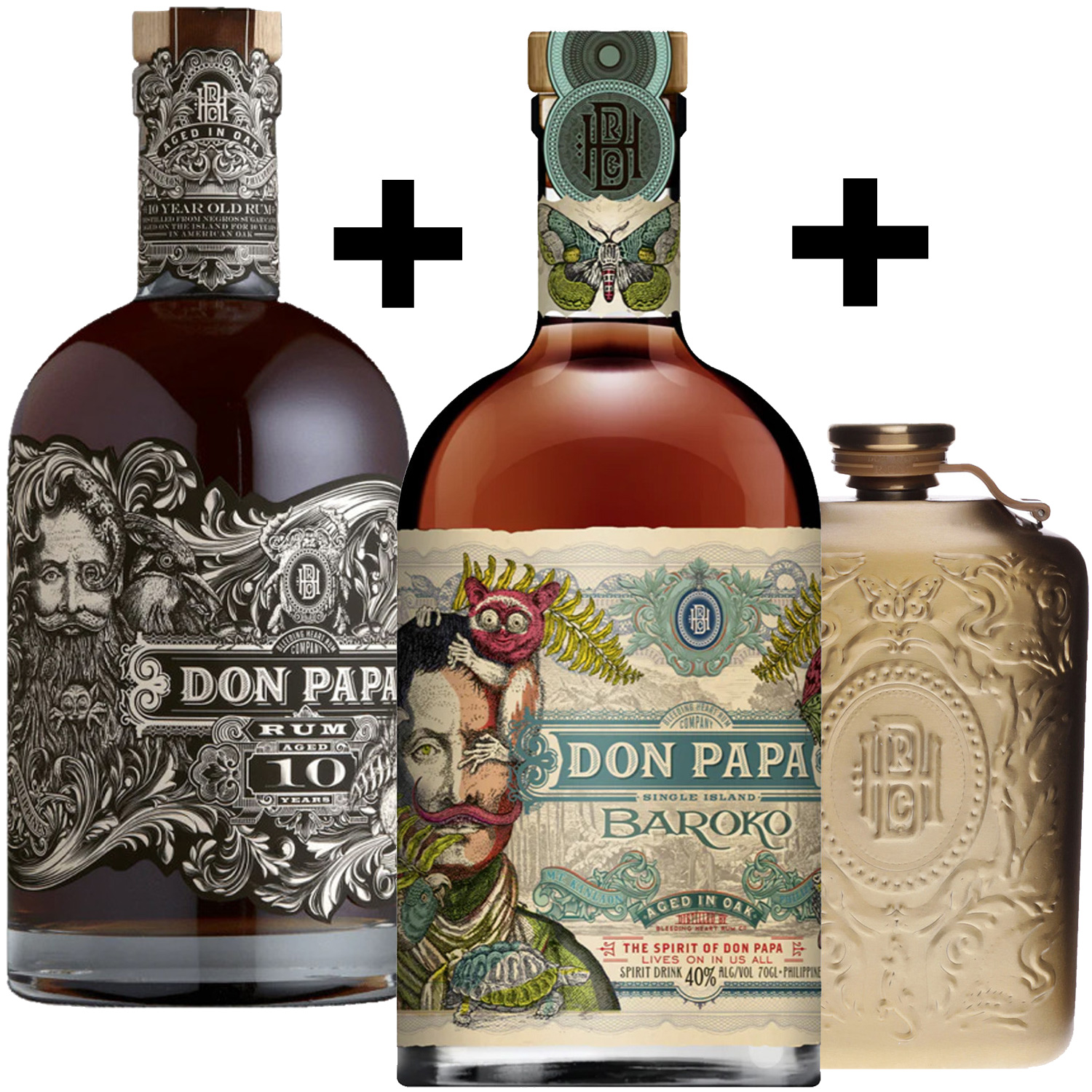 Set Don Papa Rum 10Y + Baroko Rum mit Hip Flask (Flachmann)