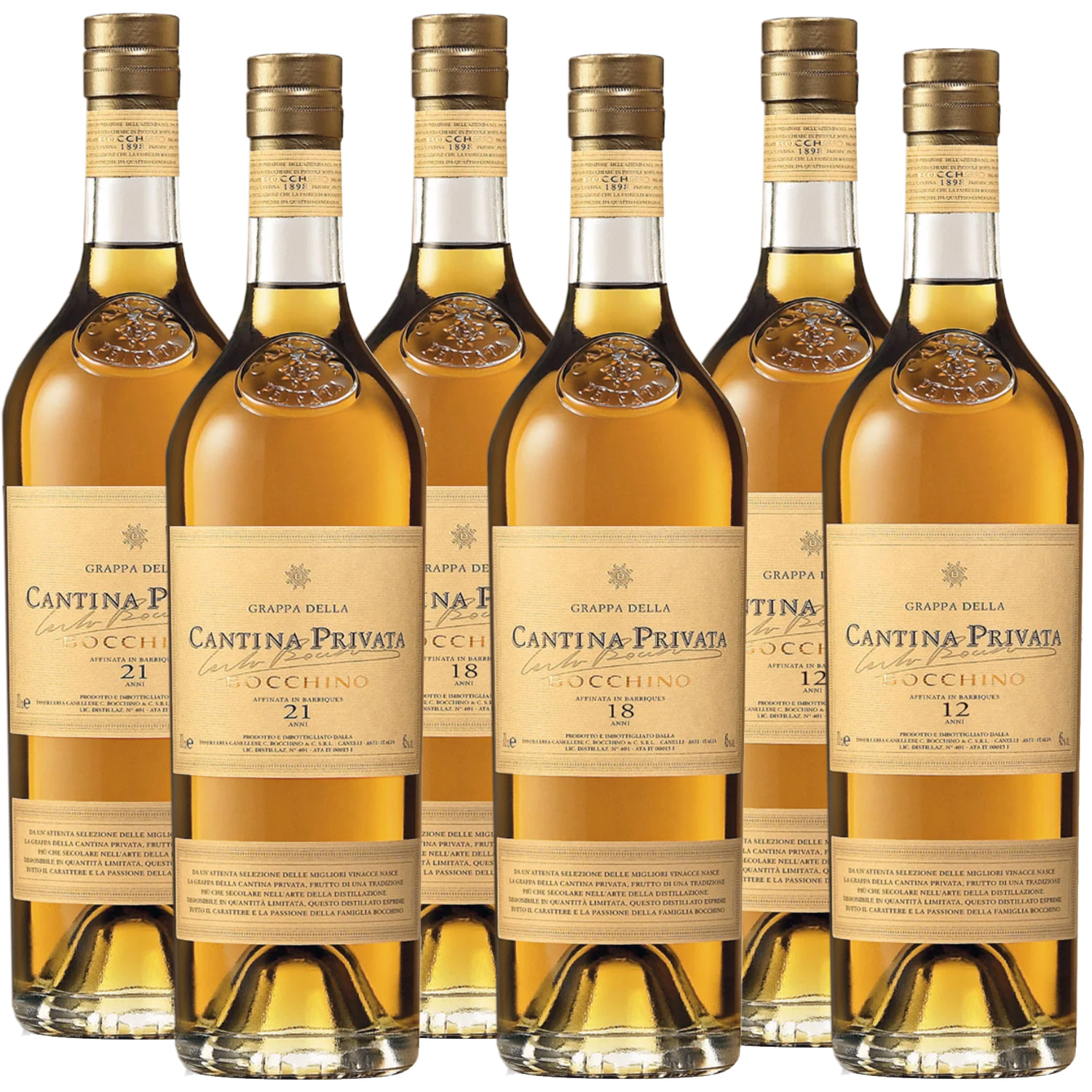 Bocchino Grappa della Cantina Privata Colletione "Selezione d´annata ´12,´18,´21" in 6er Holzkiste