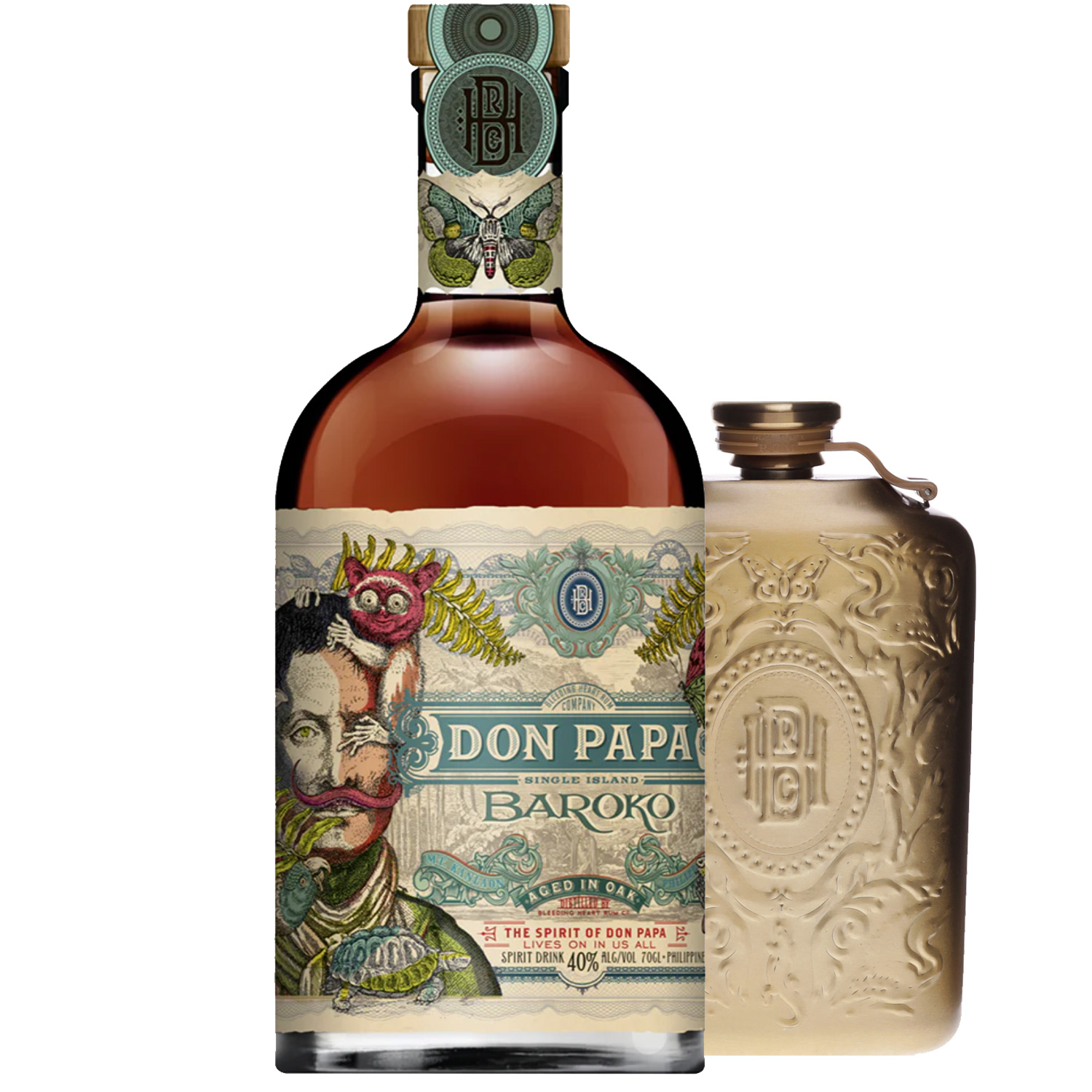 Don Papa Baroko Rum im Set mit Hip Flask (Flachmann).
