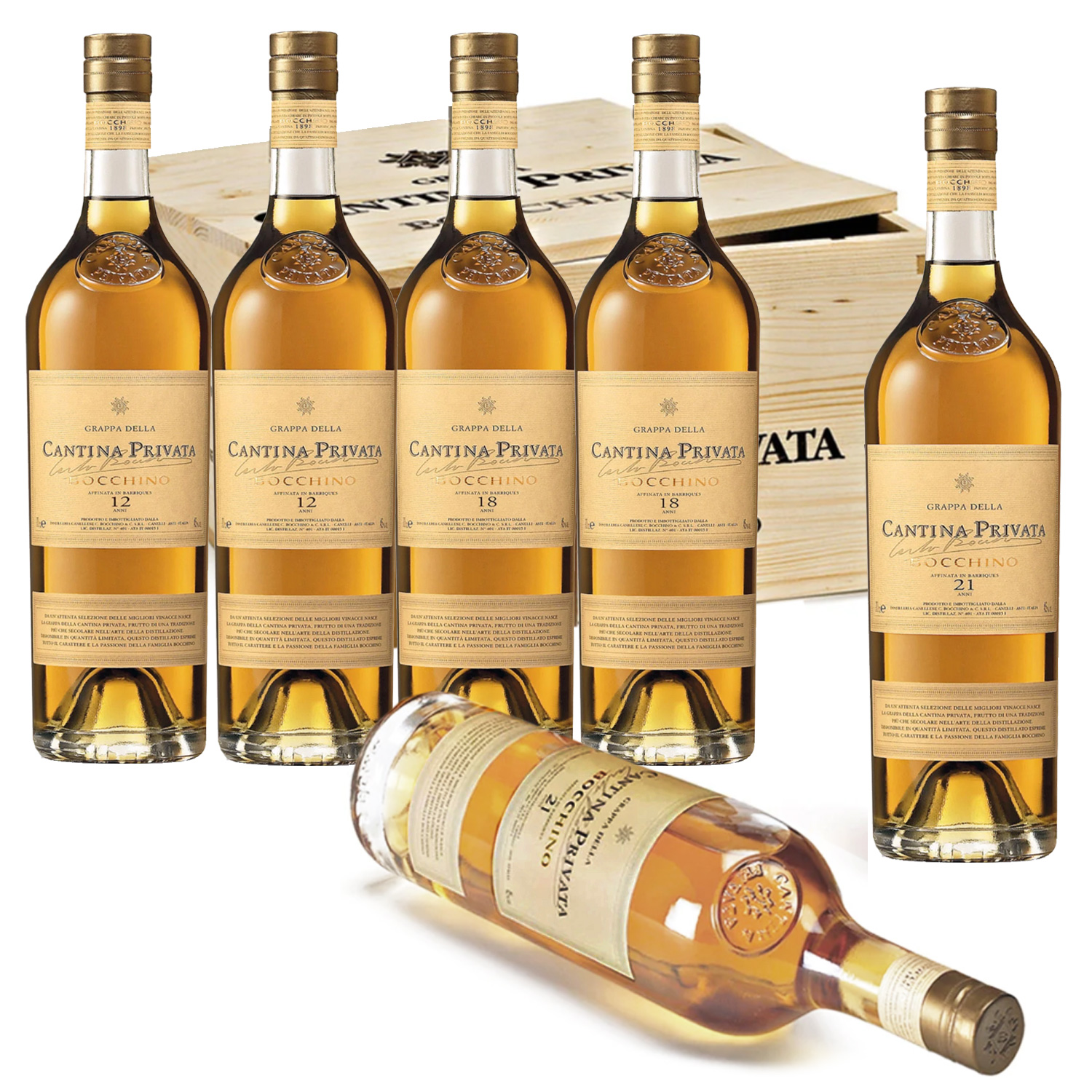 Bocchino Grappa della Cantina Privata Colletione "Selezione d´annata ´12,´18,´21" in 6er Holzkiste